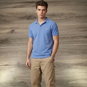 Polo Ralph Lauren Mens Blue Short Sleeve Cotton Polo Shirt Large Yellow Pony